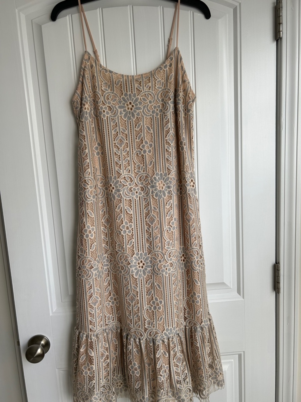 Anthropologie Beige Dress with White Lace Overlay